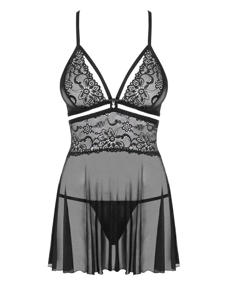838-Bab-1 Babydoll Ze Stringami Czarny Obsessive