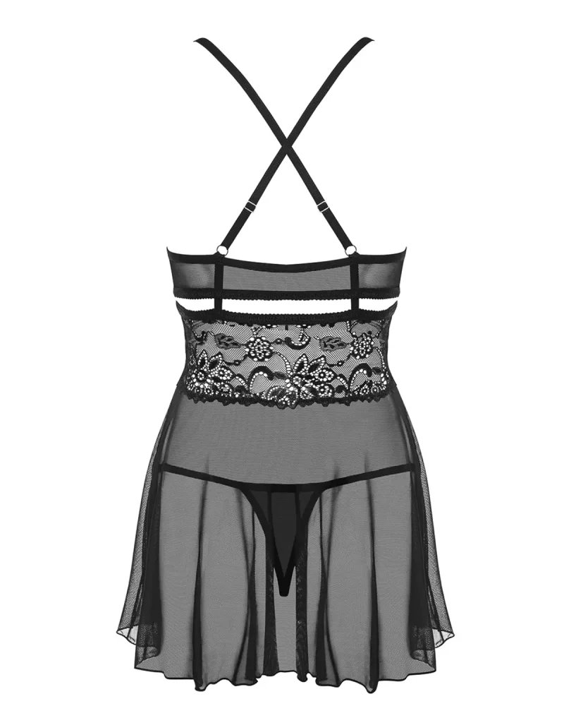 838-Bab-1 Babydoll Ze Stringami Czarny Obsessive